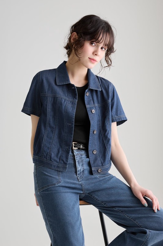 牛仔短袖襯衫式外套-女