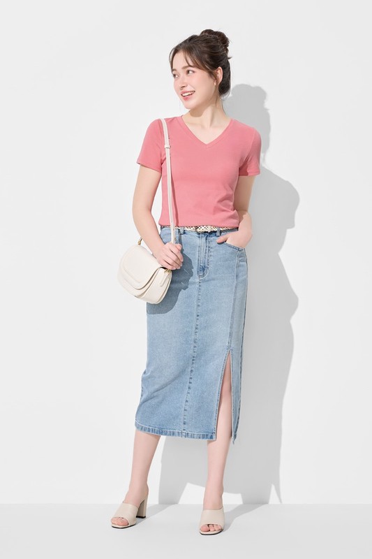 棉質羅紋V領T恤-女
