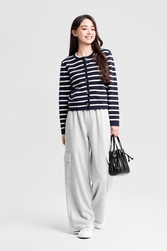 條紋寬版圓領針織外套-女