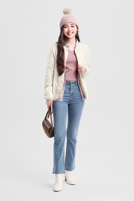 棉質羅紋V領長袖T恤-女