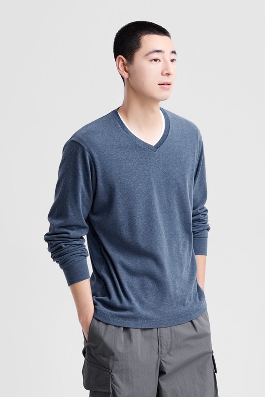 磨毛柔棉V領長袖T恤-男