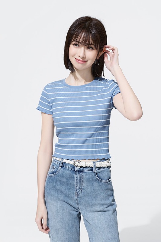 羅紋條紋木耳邊短版T恤-女