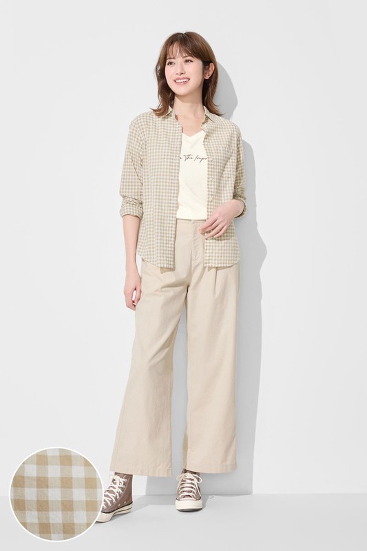 輕薄格紋長袖襯衫-女