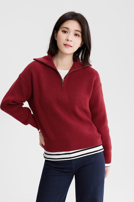 粗針半開襟拉鍊式毛衣-女