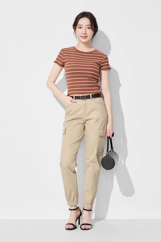 羅紋條紋木耳邊短版T恤-女