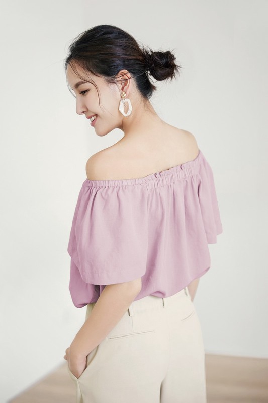 亞麻混紡方領寬版上衣-女