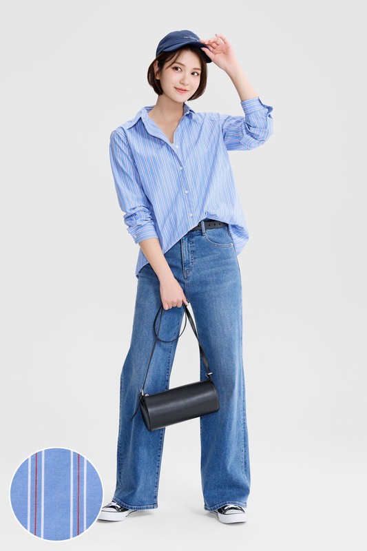 棉質條紋長版長袖襯衫-女