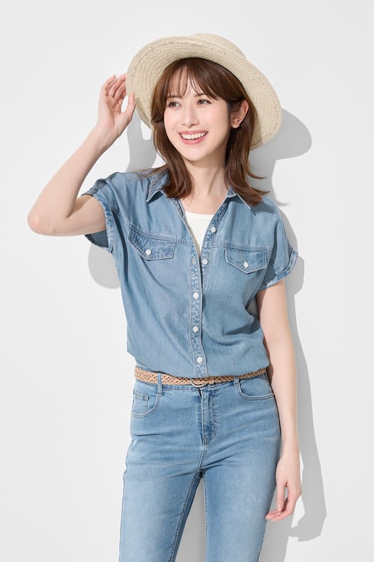 輕薄牛仔短袖襯衫-女