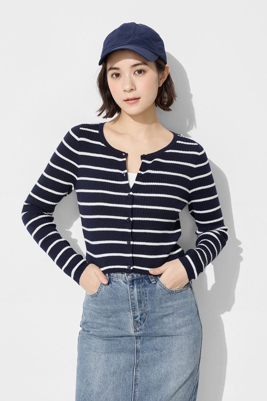 透膚圓領條紋短版針織外套-女