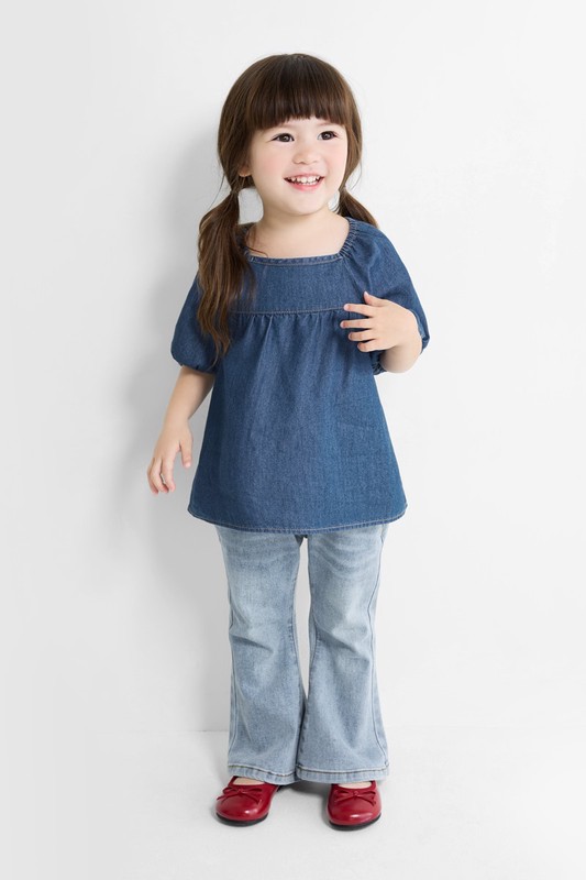 牛仔泡泡袖上衣-童