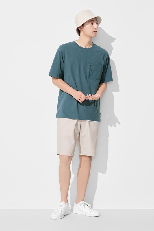 純棉厚寬版拉鍊袋五分袖T恤-男