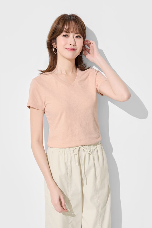 竹節棉V領T恤-女