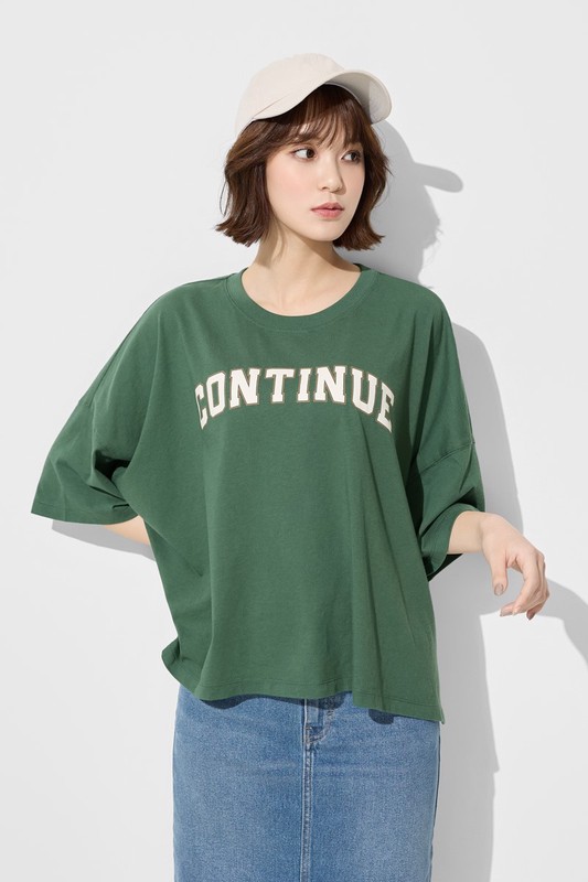 純棉寬版文字印花落肩T恤-女