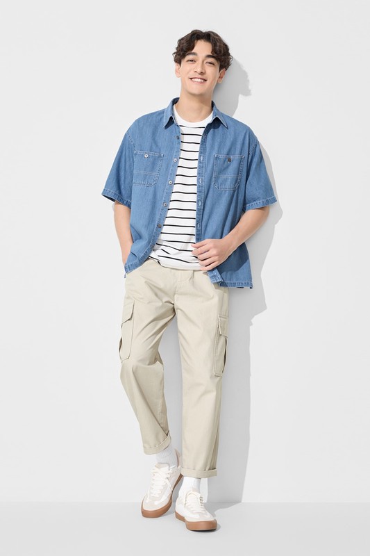 牛仔寬版短袖襯衫-男