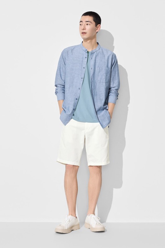 棉麻立領長袖襯衫-男