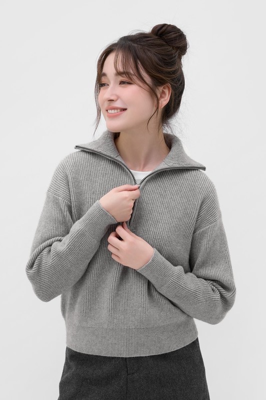 粗針半開襟拉鍊式毛衣-女