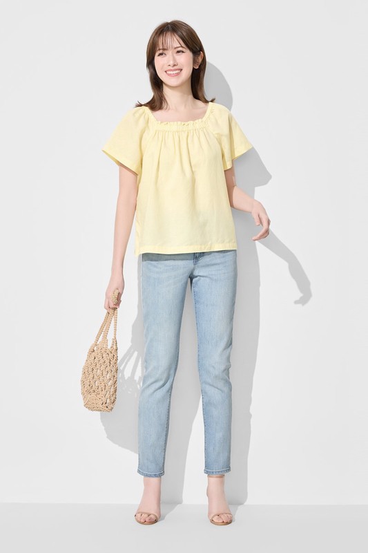 亞麻混紡方領寬版上衣-女