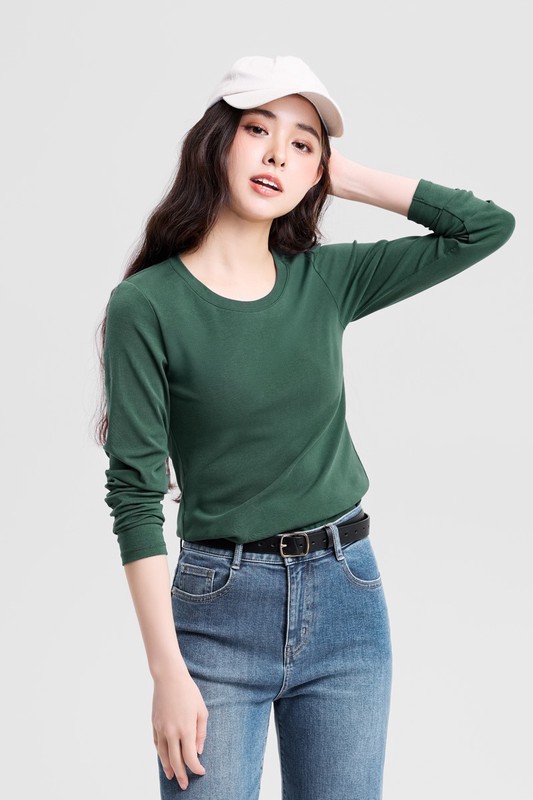 棉質羅紋圓領長袖T恤-女