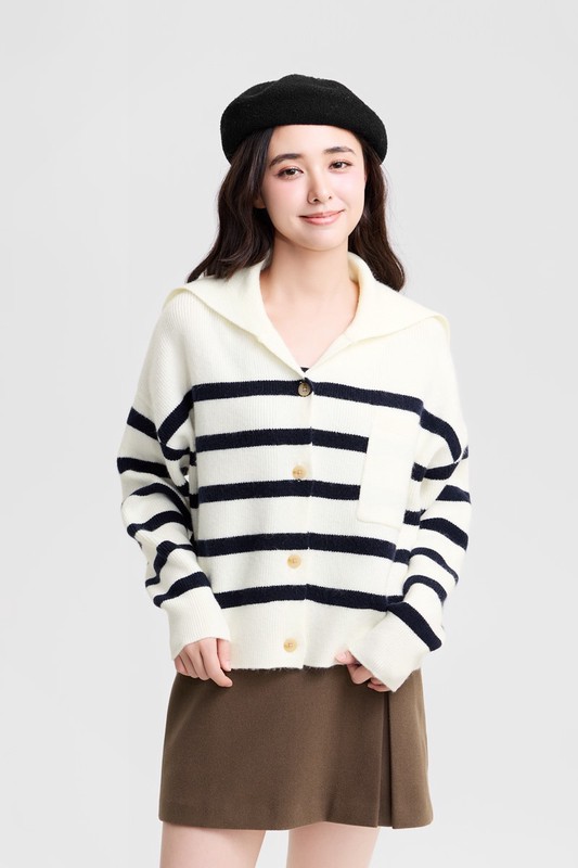 翻領寬版條紋開襟衫-女