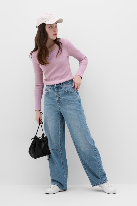 羅紋U領長袖T恤-女