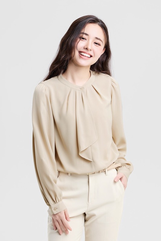 荷葉領結長袖襯衫-女