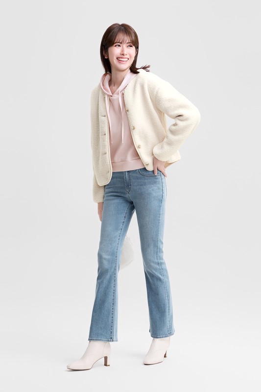 華夫格寬短版連帽上衣-女