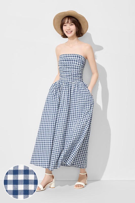平口可拆式細肩帶格紋洋裝-女