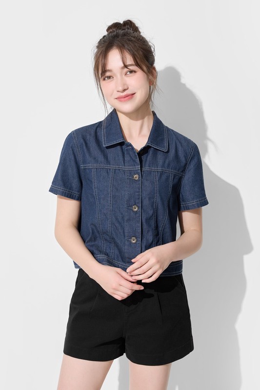 牛仔短袖襯衫式外套-女