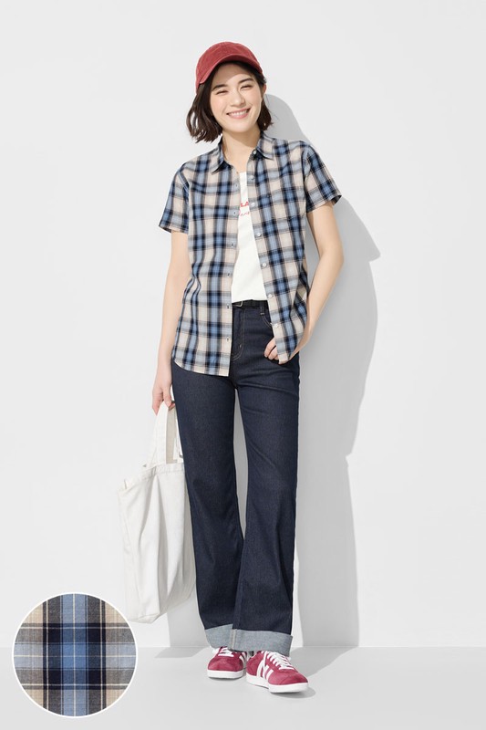 格紋短袖襯衫-女