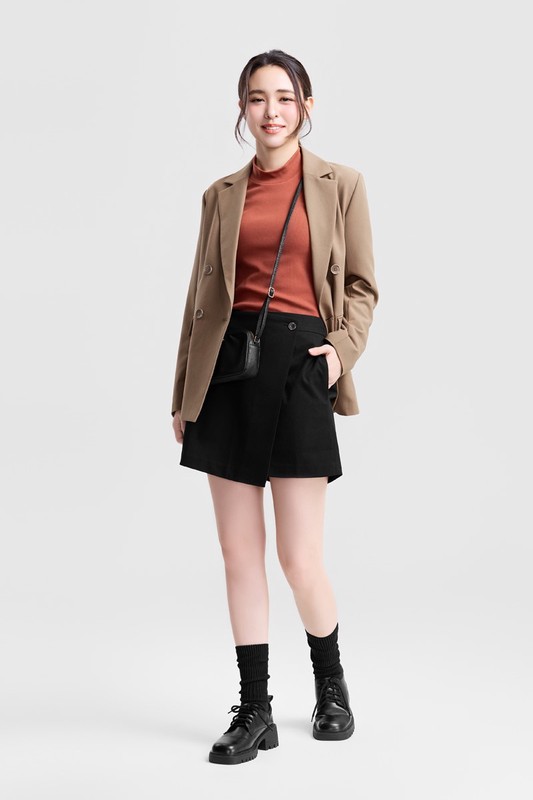 棉質羅紋立領五分袖T恤-女