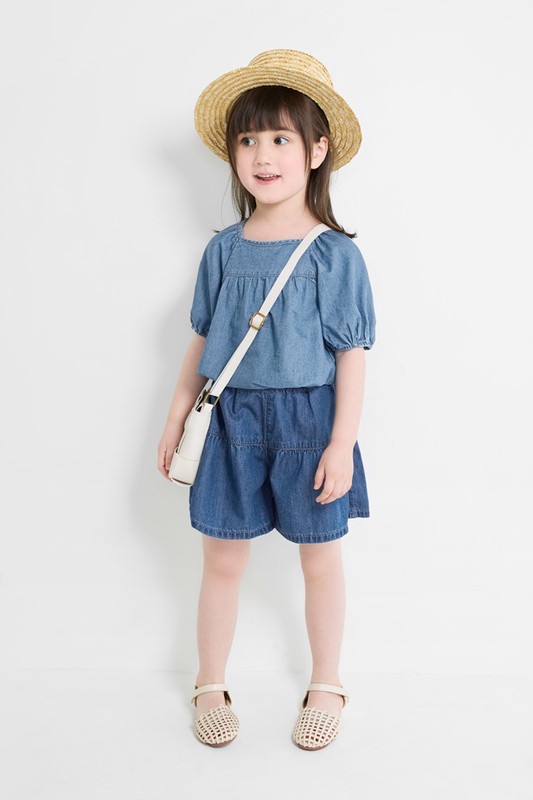 牛仔泡泡袖上衣-童