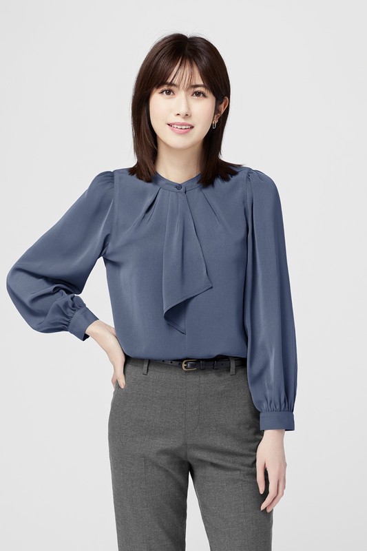 荷葉領結長袖襯衫-女