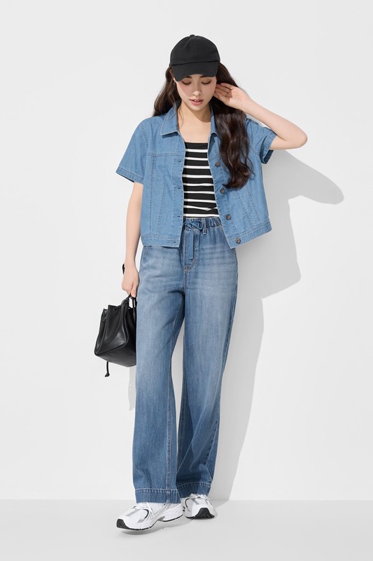 牛仔短袖襯衫式外套-女