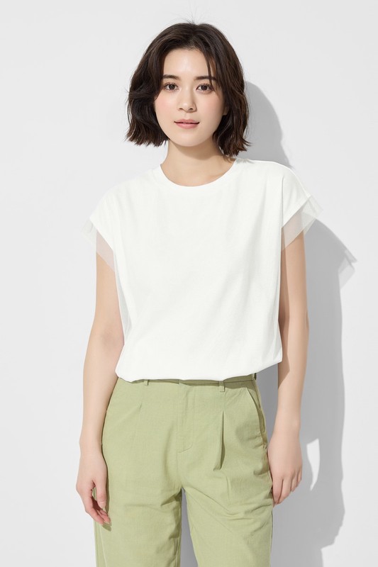 柔滑棉網紗連袖上衣-女