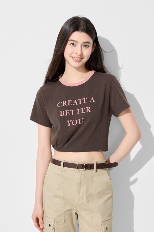 竹節棉配色文字T恤-女