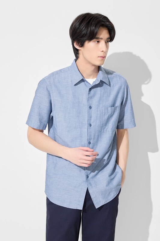 棉麻短袖襯衫-男