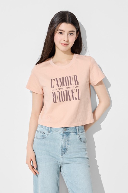 純棉圓領文字印花短版T恤-女