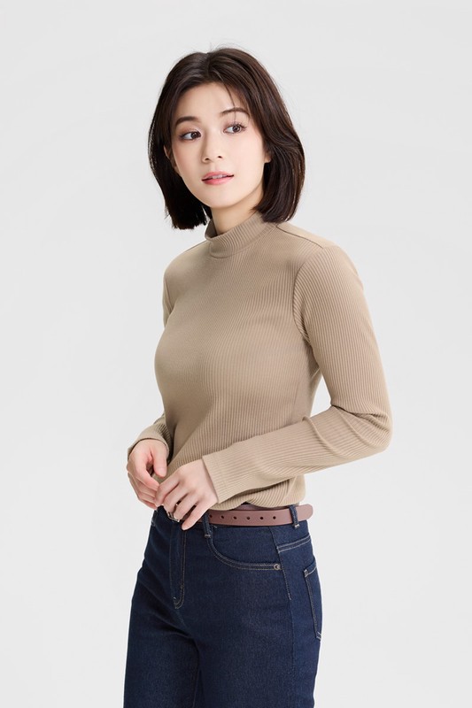 羅紋立領長袖T恤-女