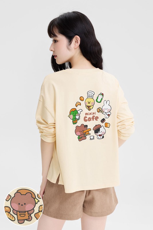 LINE FRIENDS minini寬短版落肩長袖印花T恤-03-女