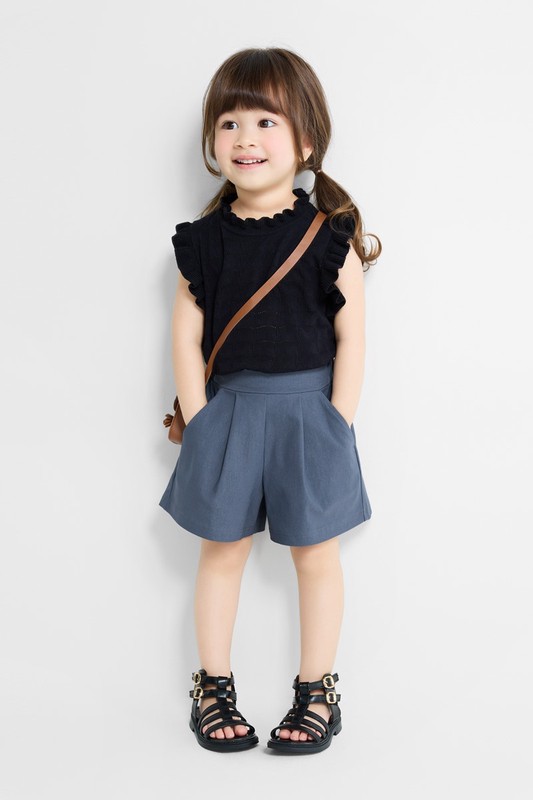 彈力打褶寬襬短褲-童