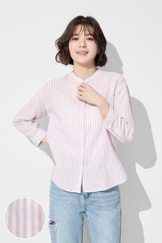 棉麻條紋七分袖襯衫-女