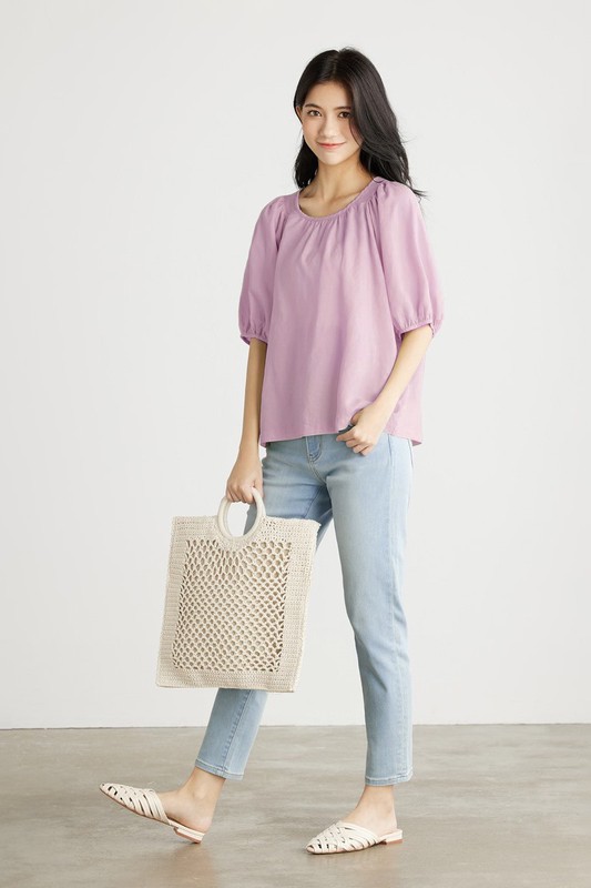 亞麻混紡泡泡袖上衣-女