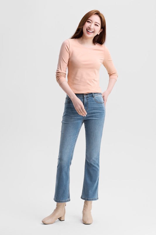 棉質羅紋圓領長袖T恤-女