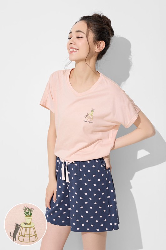 莫代爾V領貓咪家居套裝-女