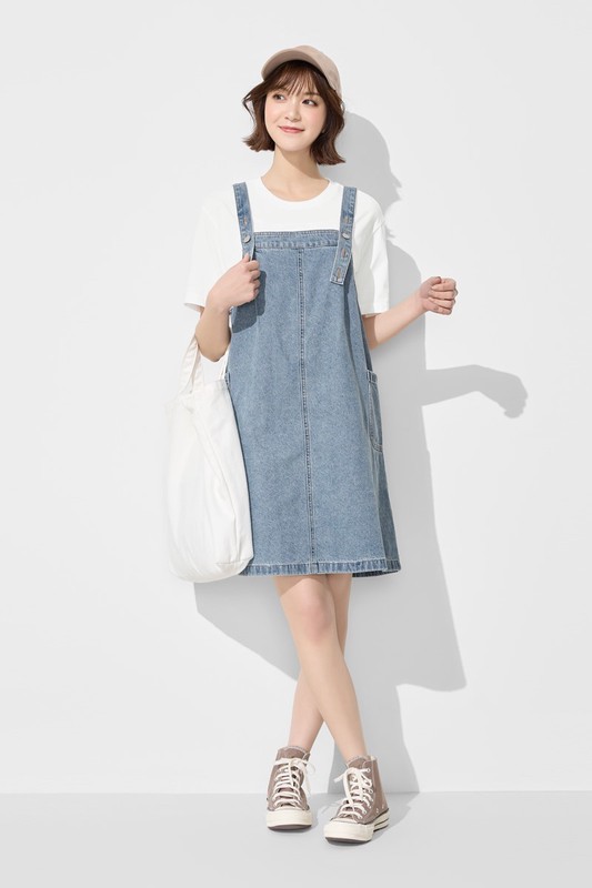 寬鬆牛仔吊帶裙-女