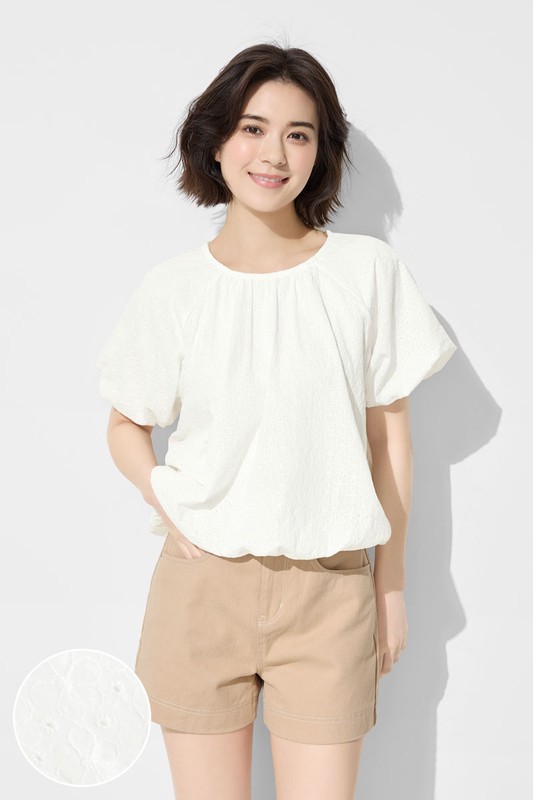 棉質花瓣蕾絲澎袖上衣-女