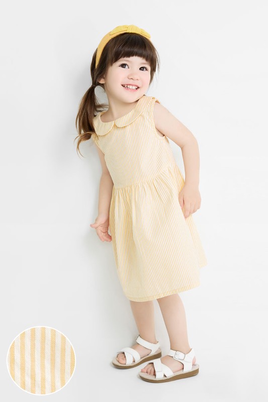 泡泡紗條紋小圓領無袖洋裝-童