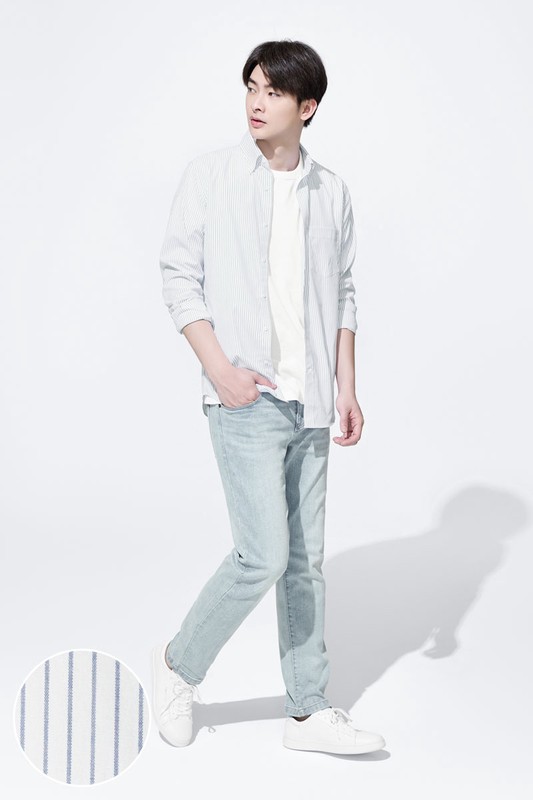 商務彈性條紋長袖襯衫-男