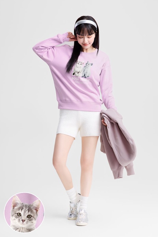 貓咪刷毛印花圓領衫-女