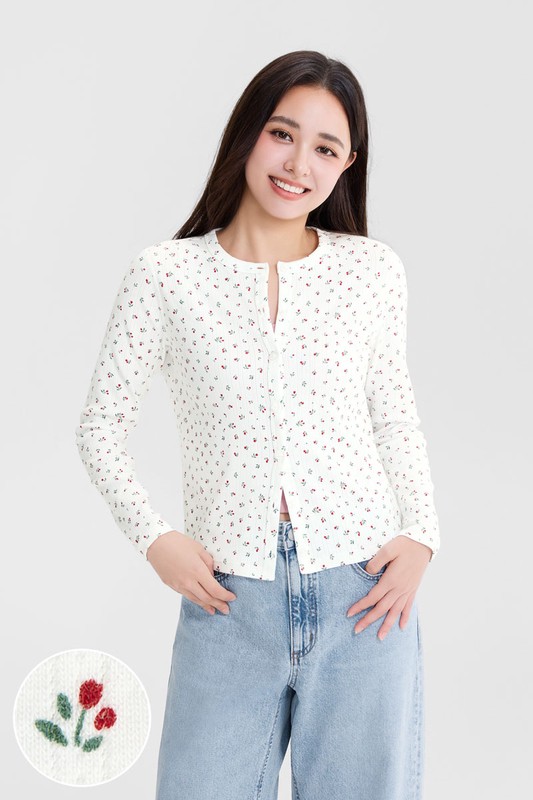 棉質羅紋提花開襟上衣-女